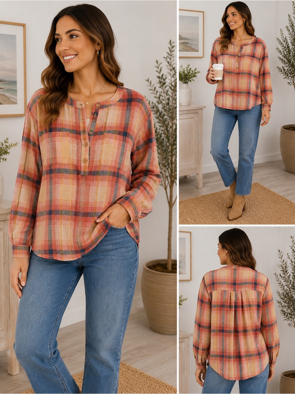 L.L.Bean Women’s L Petite Plaid Cotton Popover Henley Top Fall